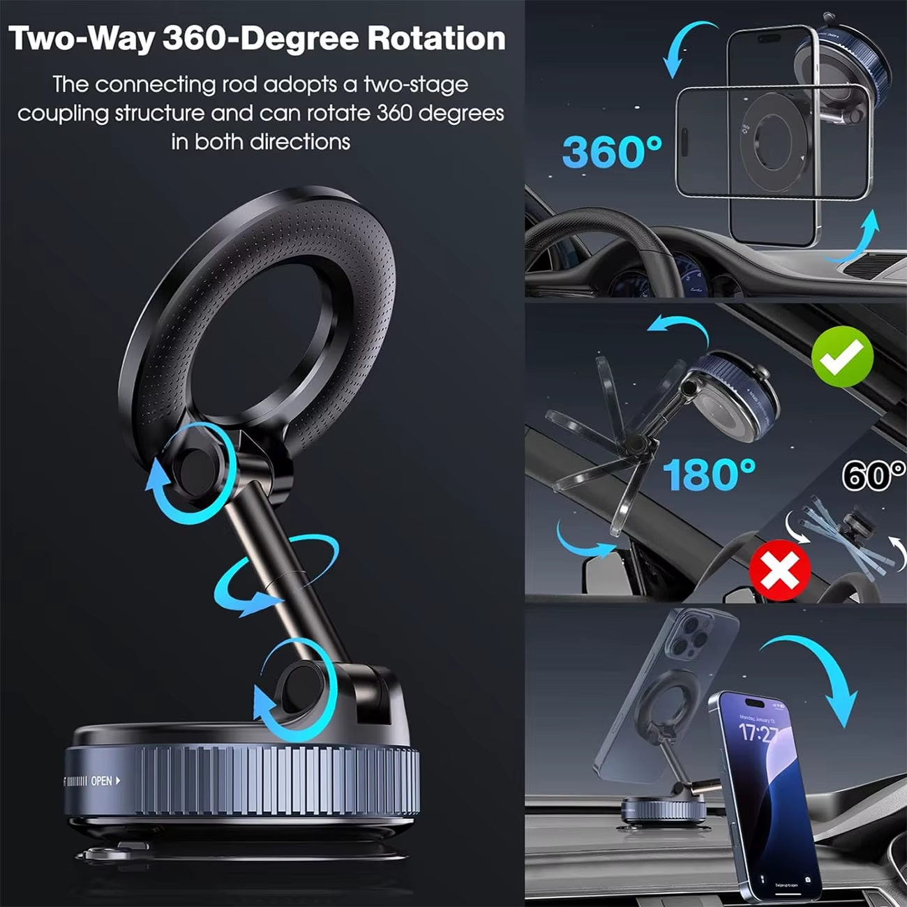 Fold Stand 360° Magnetic Car Phone Holder With Strong Suction Base