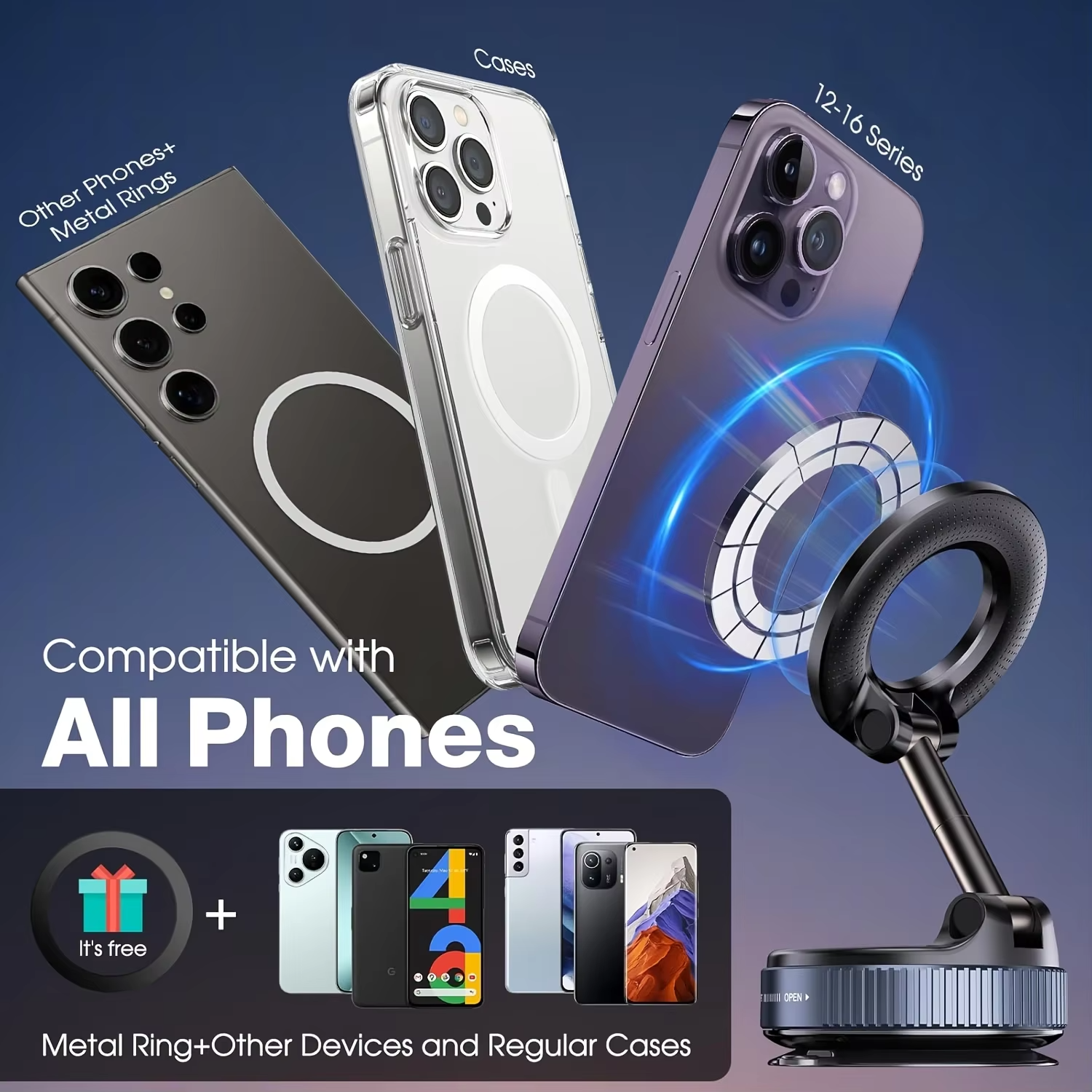 Fold Stand 360° Magnetic Car Phone Holder With Strong Suction Base