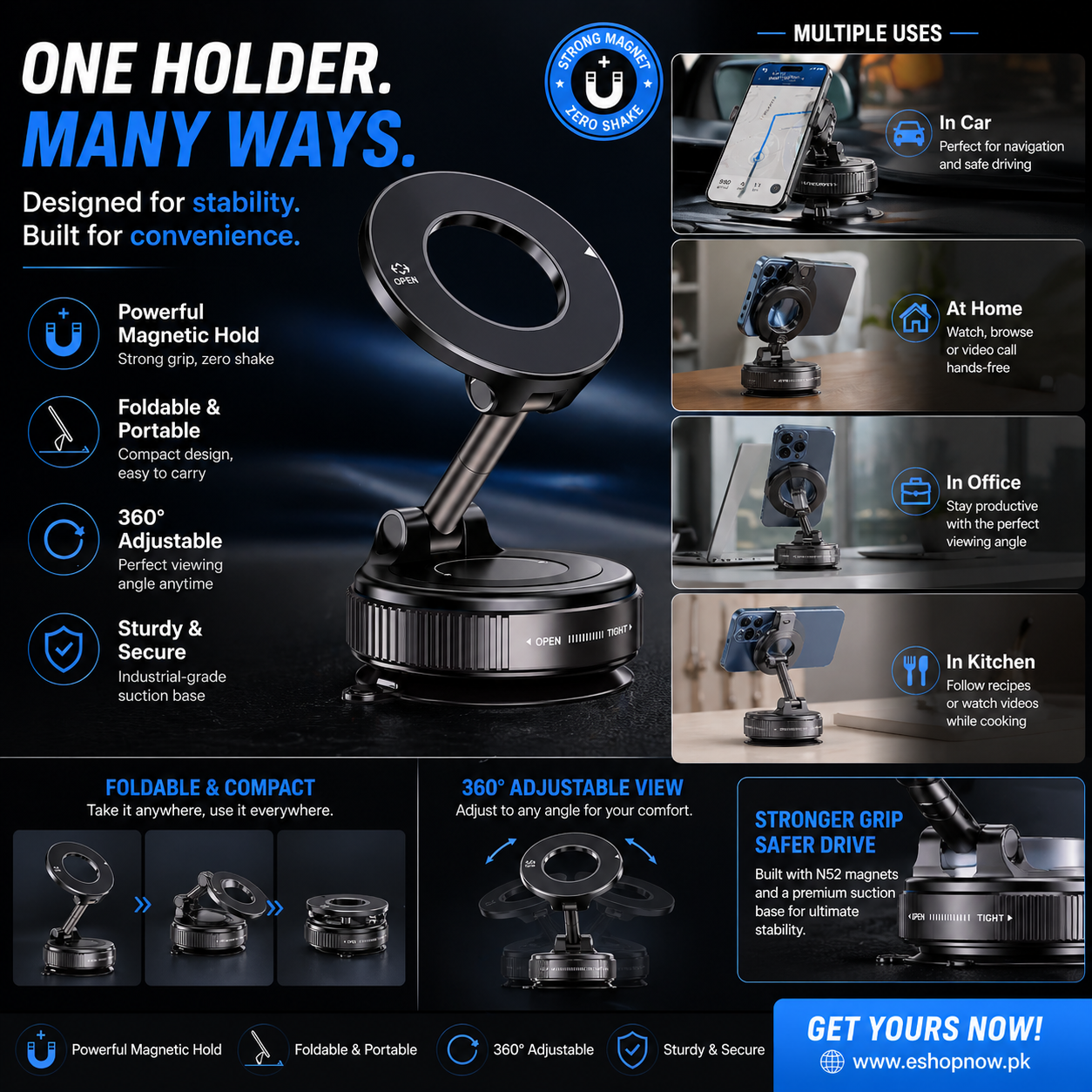 Fold Stand 360° Magnetic Car Phone Holder With Strong Suction Base