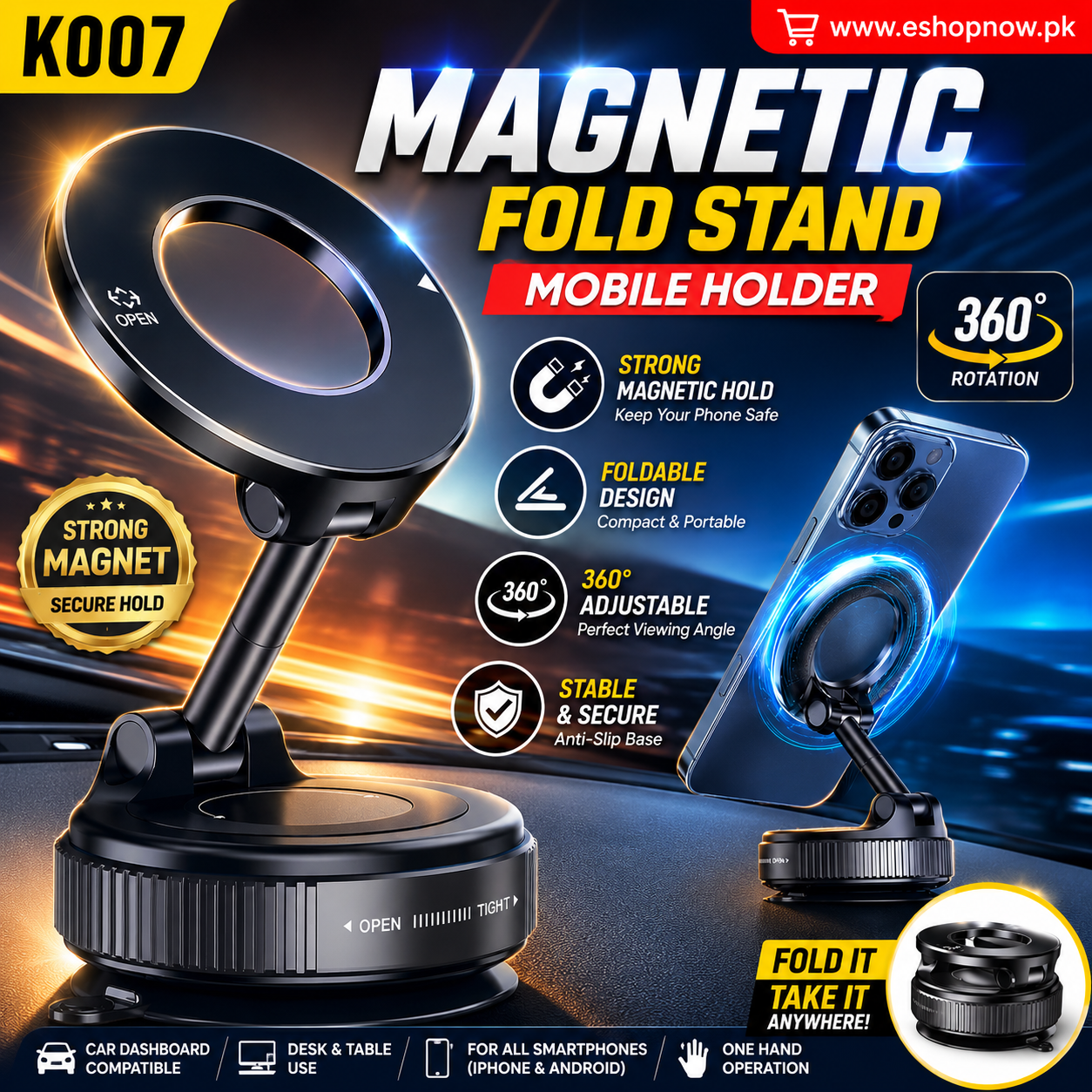 360° Magnetic Car Phone Holder With Strong Suction Base