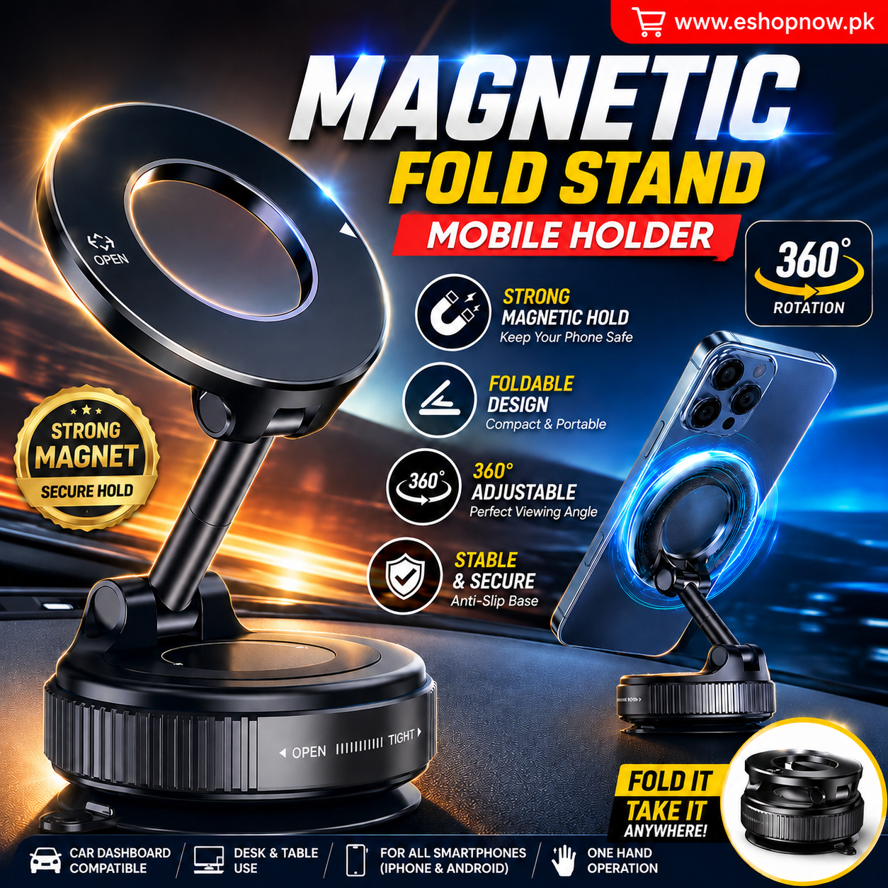 360° Magnetic Car Phone Holder With Strong Suction Base