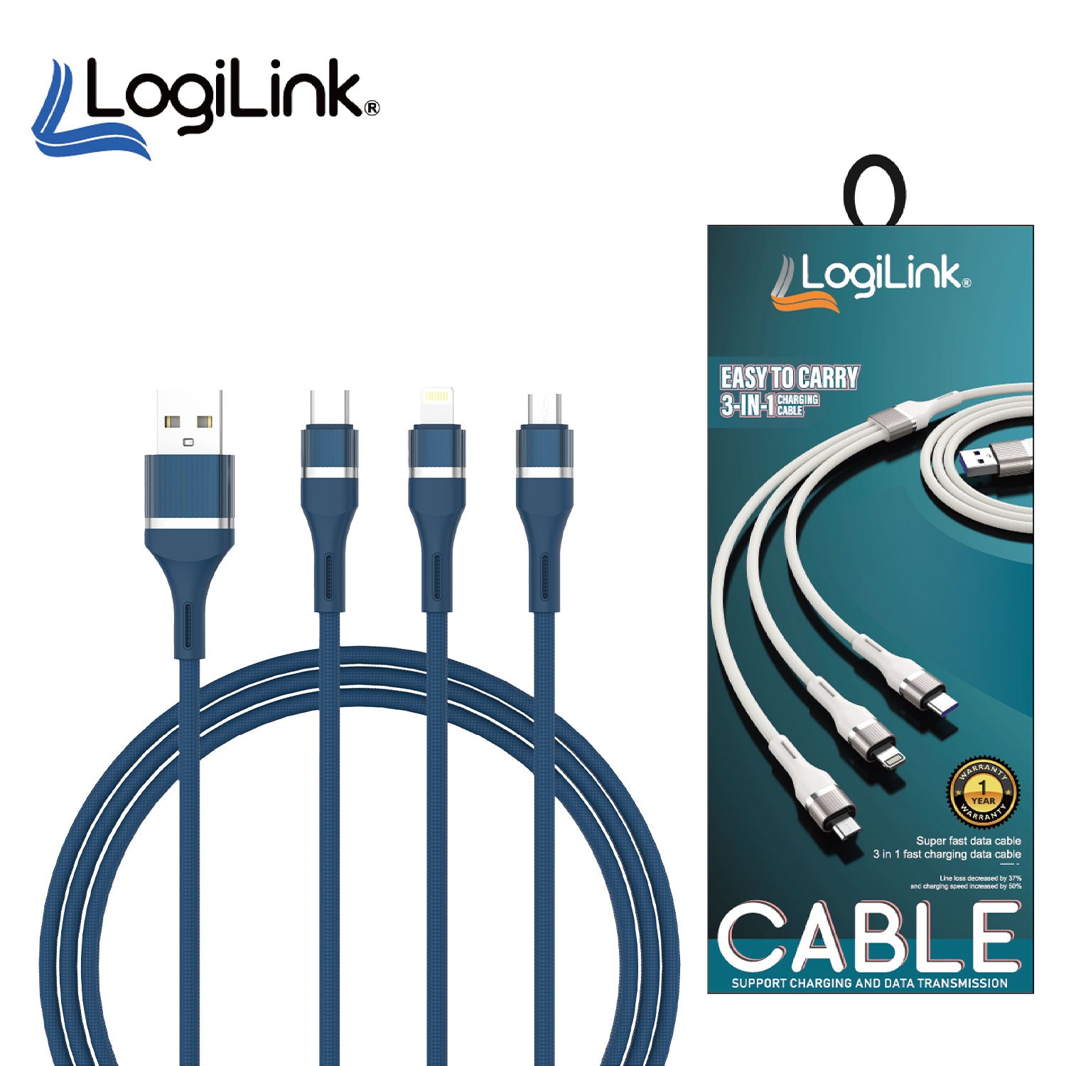 LOGILINK 3 IN 1 USB TO MICRO/TYPE C/LIGHTNING