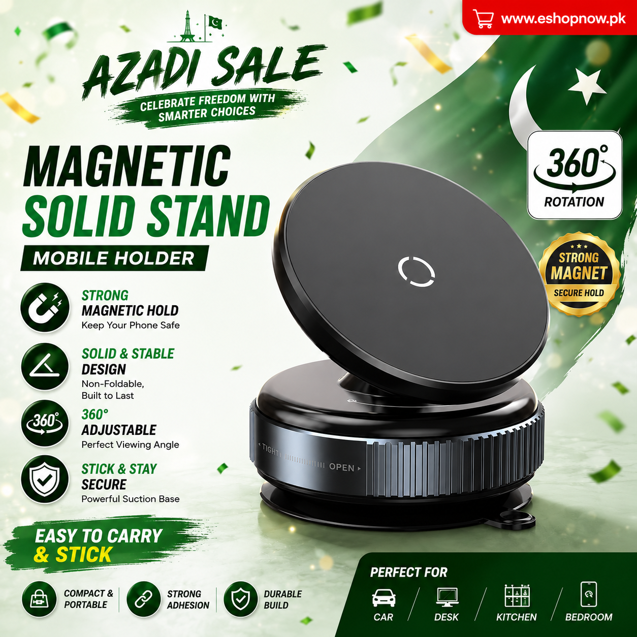 Solid Stand - 360° Magnetic Car Phone Holder With Strong Suction Base